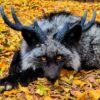 Silver Fox with Antlers Taxidermy Mount – Fantasy Pose in Leaves